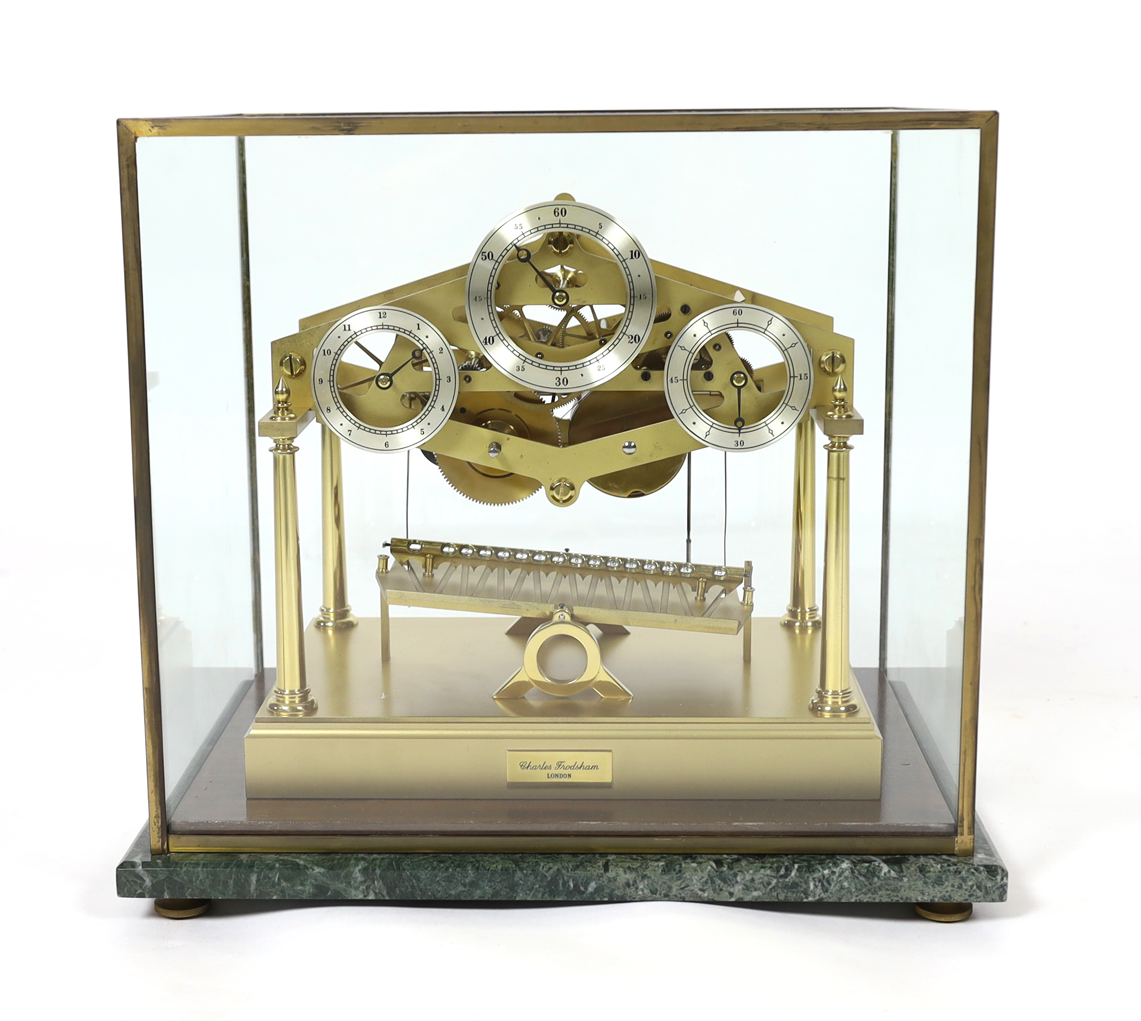 A Charles Frodsham Congreve design rolling ball clock 49cm wide, 37cm deep, 45cm high, with original paperwork from Dent of London